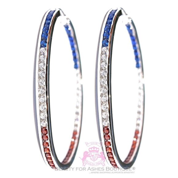 USA American Flag Independence Day 4th of July Patriotic Blue Red White Cz Hoops - Picture 2 of 4